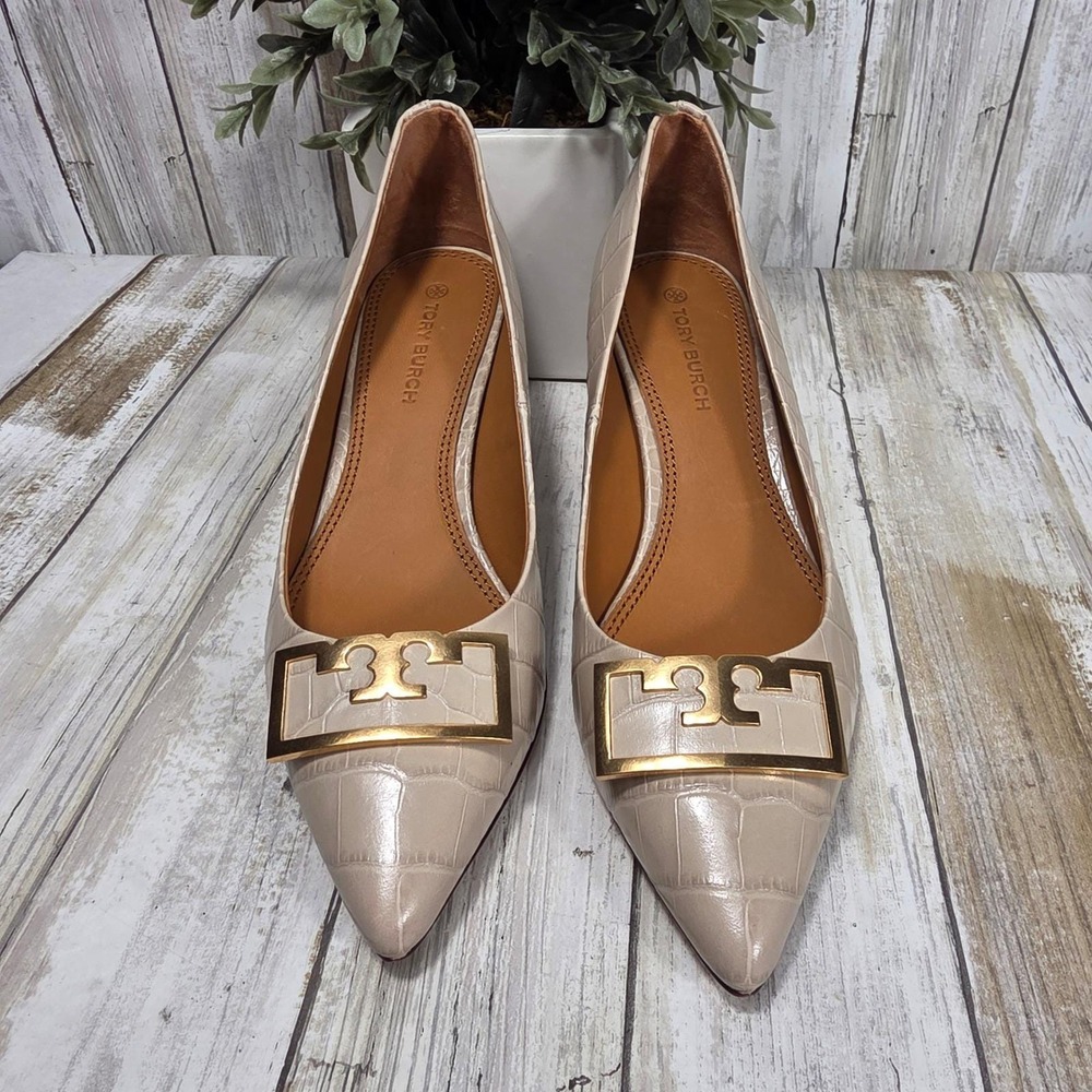 Tory Burch Eleanor Beige Croc Embossed Leather Pointed Toe Block Heel Pumps 5M